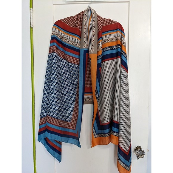 Large Rectangular Silky Scarf Multicolor Geometric Color Block Blue Rust 35X72" - Picture 1 of 11